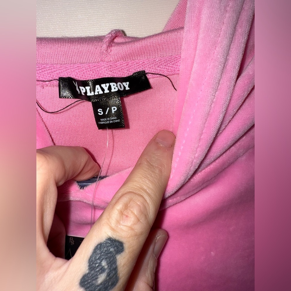NWT Playboy Rhinestone Velour Cropped Pink Hoodie Small - Picture 5 of 6